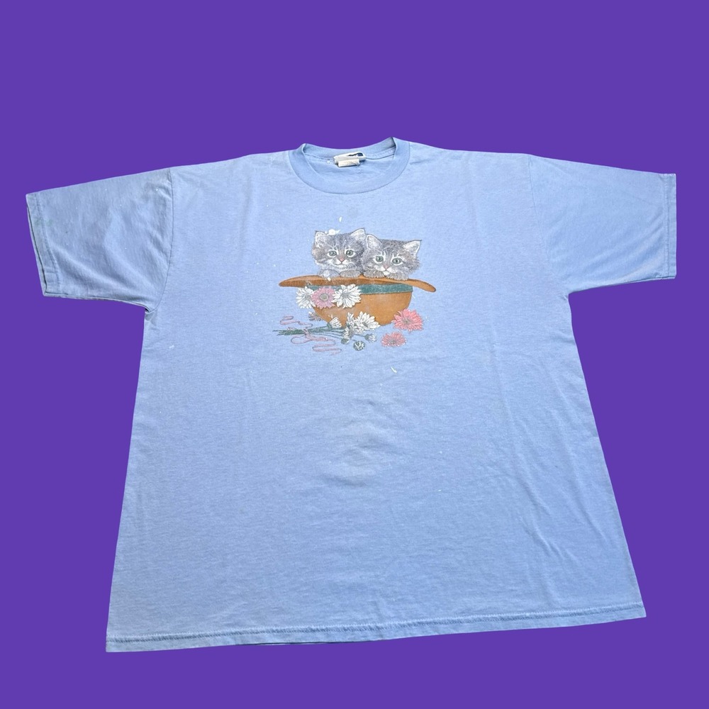 Vintage Endless Designs Kitty Cat Floral T Shirt XL Cottagecore Distressed Blue